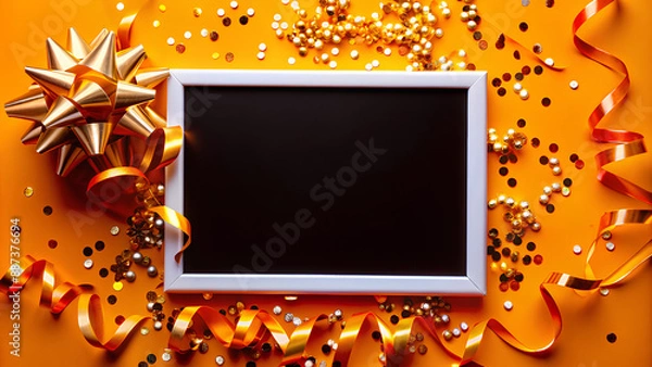 Obraz Celebration background template with confetti and gold ribbons. Blank space for text