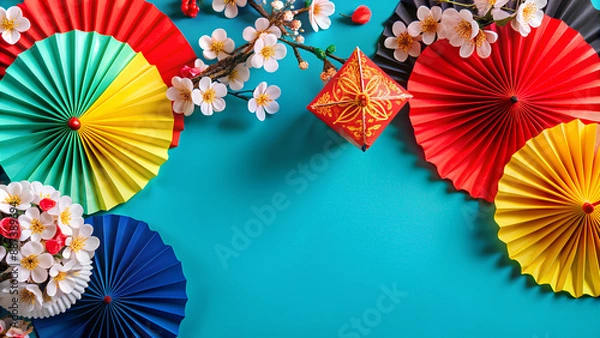 Fototapeta New Year background. Chinese, folding paper fans, sakura on red background. blank space for text, Flat lay, top view