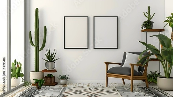 Fototapeta Interior design of retro living room with stylish vintage armchair shelf house plants cacti decoration carpet and two mock up poster frames on the white wall Botany home decor Template : Generative AI