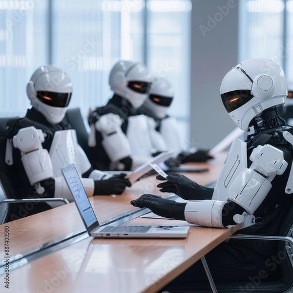 Fototapeta Lawyers consulting AI for case analysis in a modern law office, Human and Technology Synergy, legal