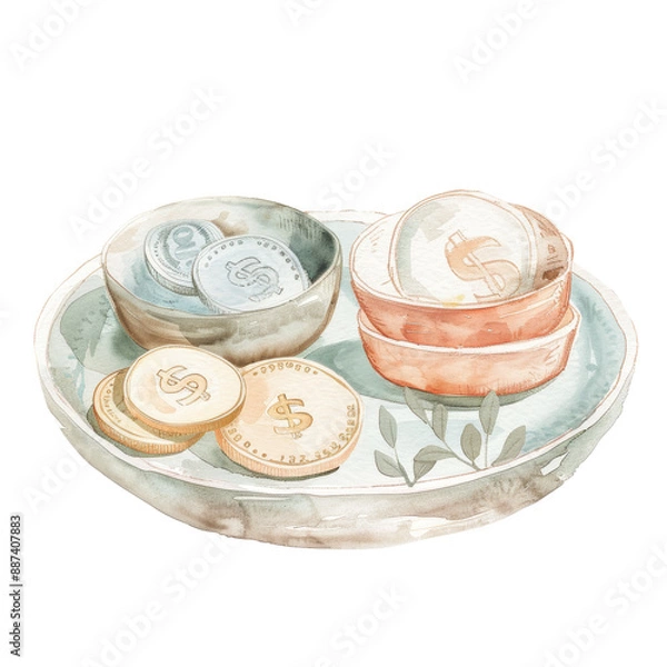 Fototapeta Watercolor Illustration of Coins and Bowls on a Tray for Financial and Savings Concept