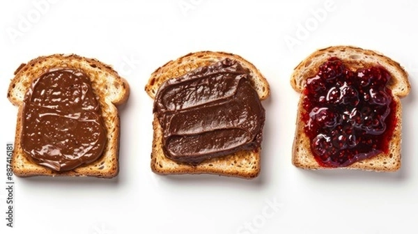 Fototapeta Three slices of golden toast topped with creamy peanut butter and sweet jelly, ready to be enjoyed for a delicious breakfast or snack