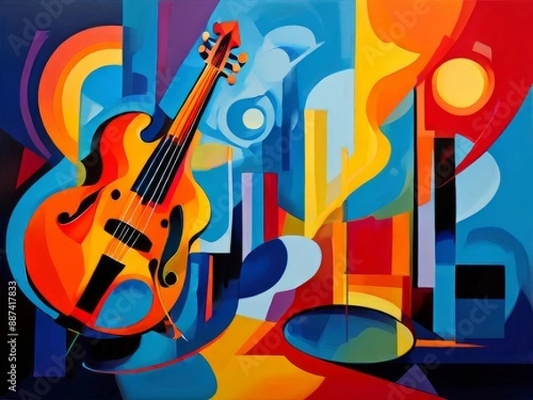 Fototapeta Jazz in pop art style. A bright abstract painting by a musician. Whirlwinds of color and shapes create dynamic and expressive works of art. AI Generated.