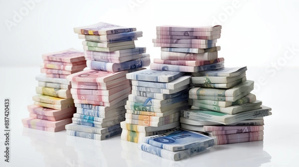 Fototapeta Large Stacks Of Colorful Euro Banknotes Neatly Arranged On White Background