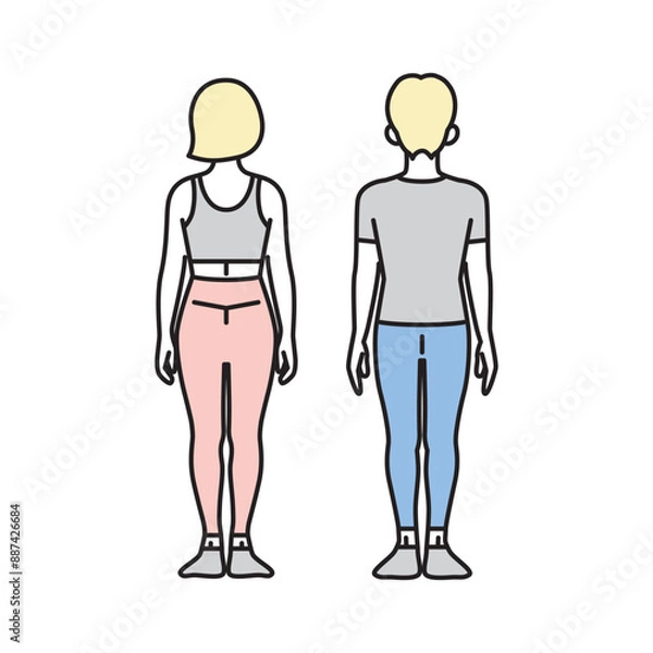 Fototapeta シンプル　イラスト　ピラティスのウェアを着た男女の全身