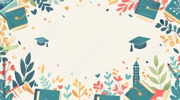 Fototapeta A whimsical minimalist illustration presenting a blank central frame, surrounded by a border of university-themed decorations. The border includes happy textbooks, charming graduation caps, and
