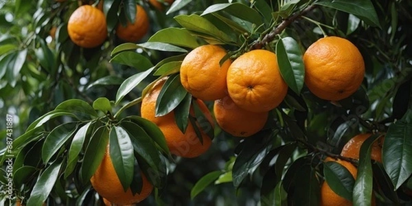 Obraz Branches bear thick foliage with ripe oranges or tangerines.
