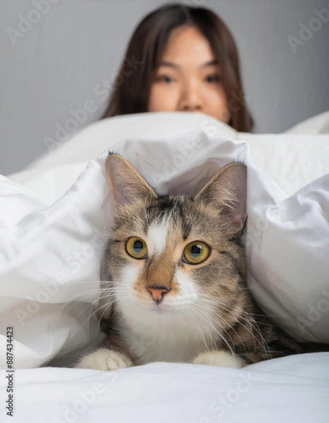 Fototapeta 부드러운 눈을 가진 작은 고양이만 침대 시트 사이에 숨어 있고 머리를 옆으로 보고 있습니다.