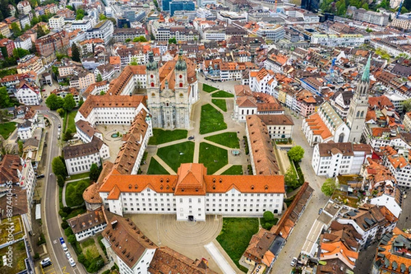 Fototapeta St Gallen, Switzerland: Aerial drone view of the famous Saint Gallen historic old town with it famous Abbey of Saint Gall, now a cathedral, in Switzerland.