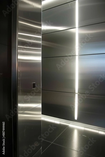 Obraz modern minimalist wall panels, stainless steel, close-up, linear lights, lighting strips, white and grey color scheme, dark floor 