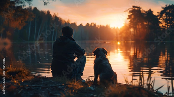 Obraz Generative AI, Tranquil Evening by the Lake