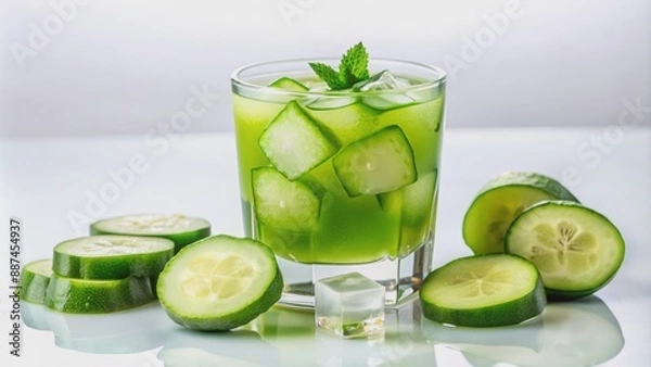 Fototapeta Freshly squeezed green cucumber juice poured into a glass filled with ice and garnished with a slice of cucumber.
