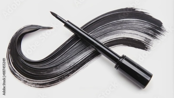 Fototapeta Vibrant black liquid eyeliner strokes sweep across a pristine white backdrop, showcasing the cosmetic product's rich, velvety texture and versatile swatch.