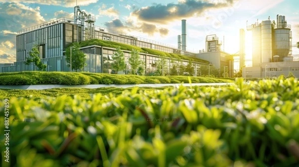 Obraz Sunlight highlights a sustainable factory featuring green roofs and lush gardens, showcasing eco-friendly architecture.