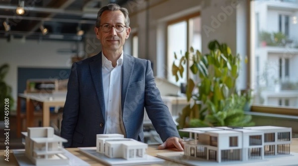 Fototapeta A middle-aged architect standing by architectural scale models in a modern office showing confidence and professionalism.