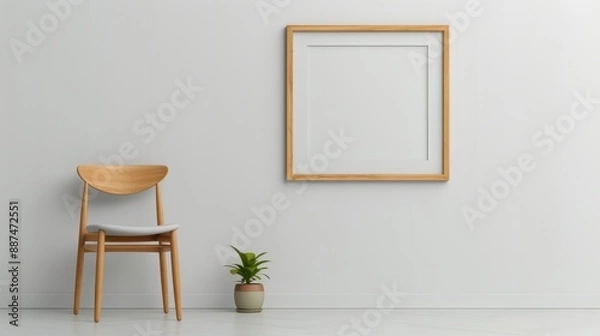 Fototapeta Minimalist interior with wooden chair, framed square picture and small plant against white wall, showcasing modern simplicity and elegance.