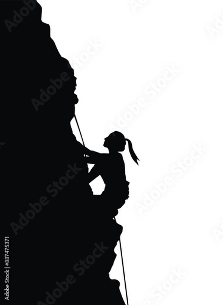 Obraz Girl climbs the cliff black and white silhouette