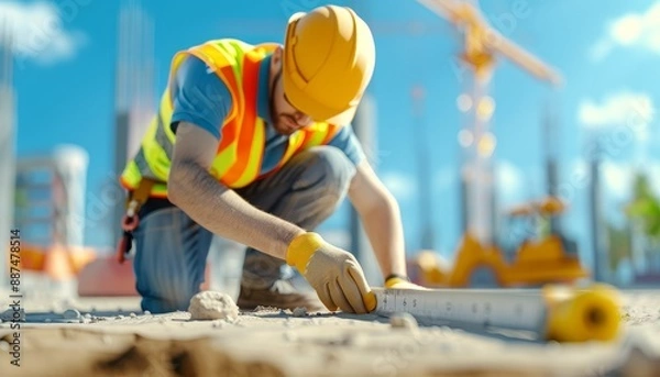 Obraz Construction Worker in Safety Vest Using Measuring Tape at Construction Site