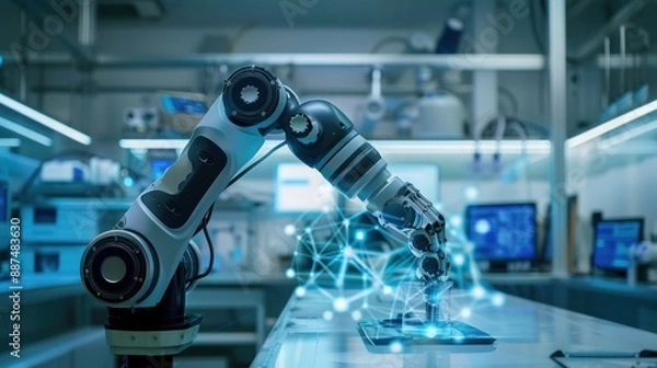 Obraz Robot arm performing intricate tasks in a high-tech laboratory with minimalist background