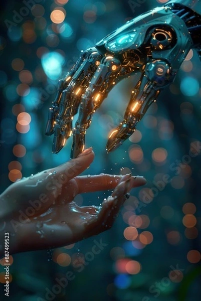 Obraz Human hand reaching out to touch illuminated robotic hand in mesmerizing forest with glowing bokeh lights, symbolizing futuristic technology and connectionfuturistic