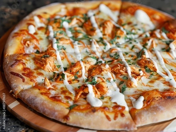 Fototapeta 24 Pizza with buffalo chicken and ranch drizzle spherical perspective zesty