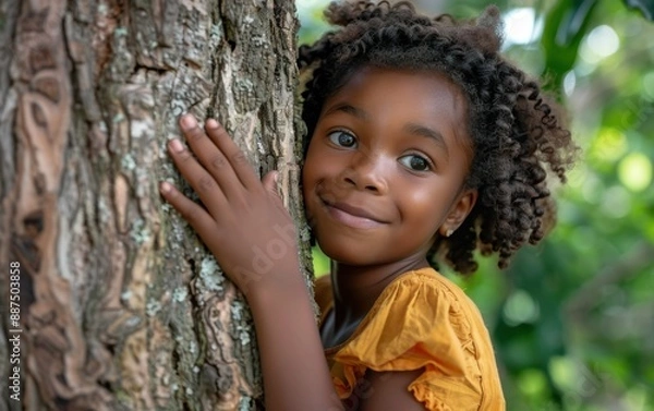Fototapeta A young girl with curly hair and a yellow shirt smiles while hugging a tree in a forest