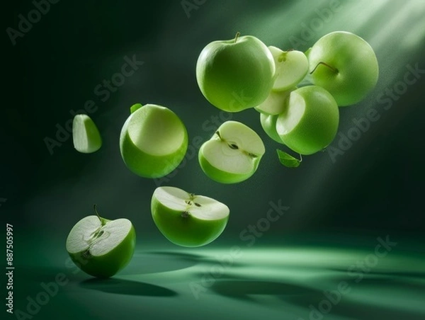Obraz Green Apples Cut in Half Floating in the Air with Light Rays