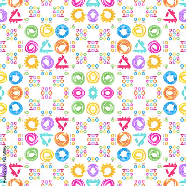 Fototapeta Seamless pattern for textile and wallpaper. Set of watercolor geometric shapes in abstract style for your design. Painting color design elements  on white background.Hand drawing brush stroke.