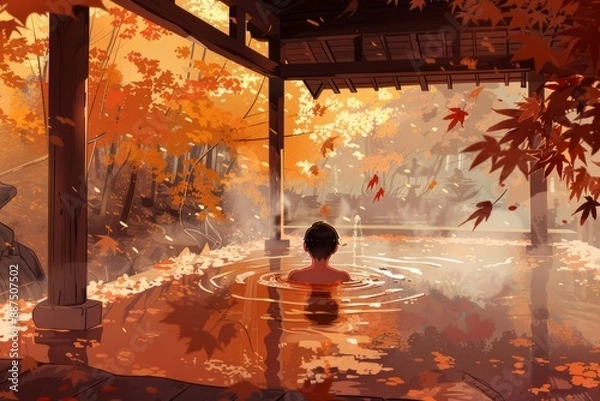 Obraz A secluded outdoor hot spring with autumn leaves drifting down. A person soaks in the warm water, Cozy vibe, Generative AI 