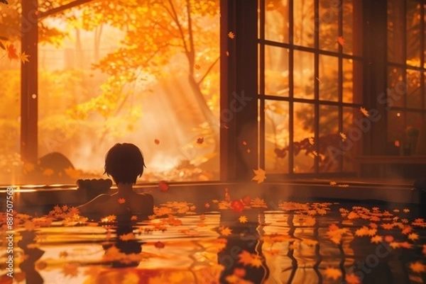Obraz A secluded outdoor hot spring with autumn leaves drifting down. A person soaks in the warm water, Cozy vibe, Generative AI 
