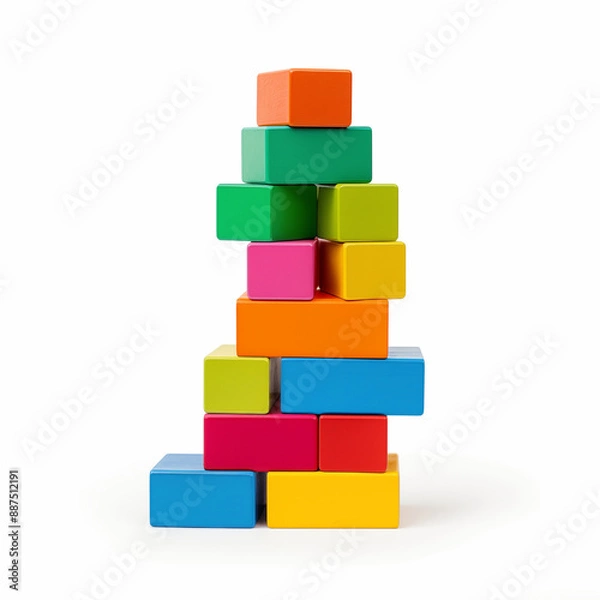 Fototapeta Colorful Stacking Blocks Arranged in a Tower Formation on a White Background