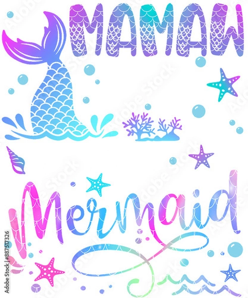 Obraz A colorful mermaid tail with the words "Mama of the Birthday Mermaid" in a fun font with stars and bubbles.