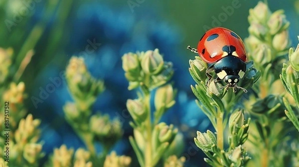 Fototapeta   A woman bug perched atop a verdant plant surrounded by numerous blossoms beneath a cerulean sky