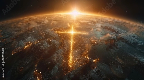 Obraz Shiny glowing golden Christian religion faith cross symbol sign above the planet earth globe. Jesus Christ gospel and crucifixion evangelism, international missionary organization,worldwide fellowship