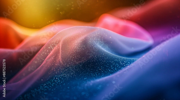 Fototapeta vibrant abstract wavy flowing colorful fabric and glittering particles on a dark background creating a dynamic and festive atmosphere