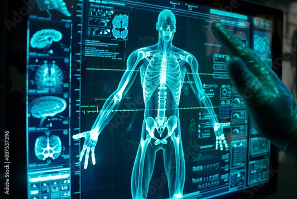 Fototapeta 3d rendered illustration of a body and brain for medical technology AI in medicine and science computing systems. Information data in hospitals and doctors in digitalization 