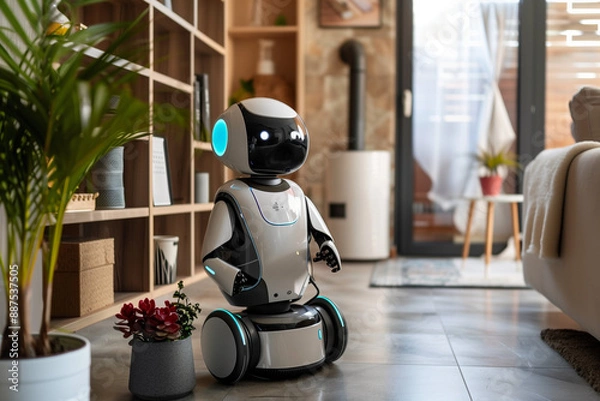 Obraz ai driven robot helping at housework and doing android works in the kitchen