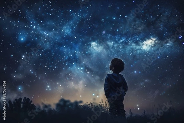 Fototapeta A child standing under a night sky filled with stars and the Milky Way, looking up in amazement