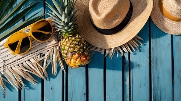 Obraz Summer Paradise: Tropical Flat Lay with Pineapples, Sunglasses & Straw Hat
