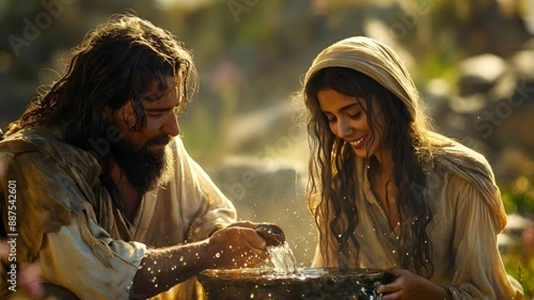 Obraz Biblical Illustration, Jesus talking with Samaritan woman at the Jacob’s well