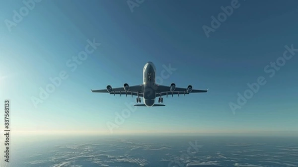 Fototapeta The airplane taking off into a clear blue sky. The view is from the ground, showing the plane ascending