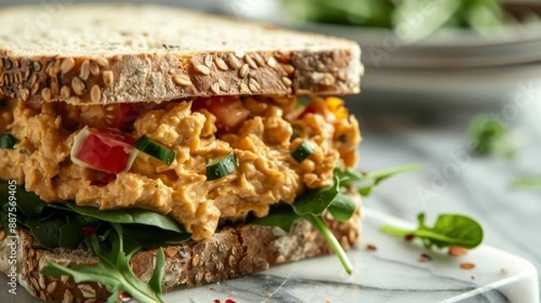 Fototapeta Delicious Chickpea Salad Sandwich - A close-up of a delicious chickpea salad sandwich on a white plate with a side of arugula
