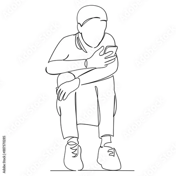 Fototapeta continuous single drawn one line boy with phone hand-drawn picture silhouette. Line art. doodle