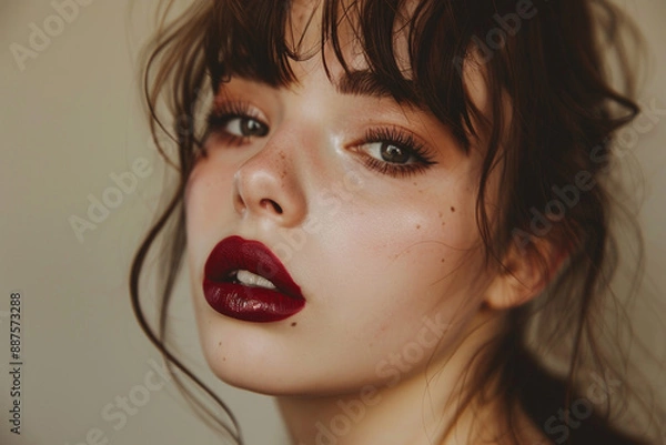 Obraz A woman with red lipstick and brown hair