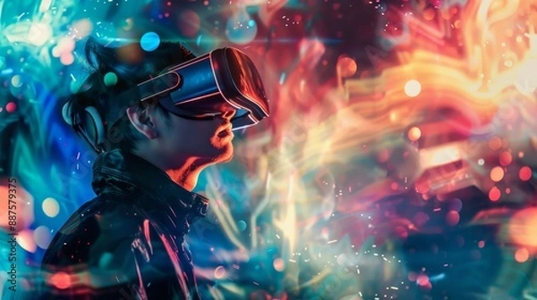 Fototapeta Virtual Reality Experience - A young man is wearing a virtual reality headset, immersing himself in the digital world, surrounded by vibrant neon lights and abstract shapes.