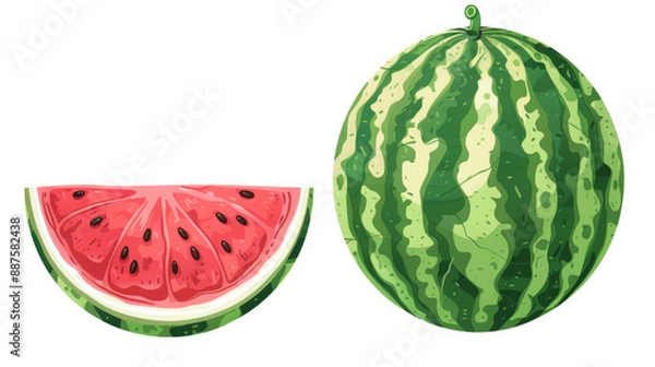 Obraz Vector illustration of a whole watermelon and a watermelon slice showcasing bright and fresh summer fruit.