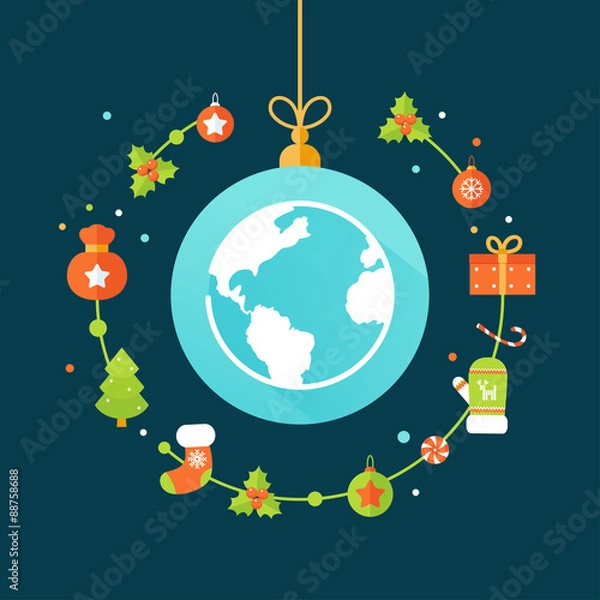 Obraz Earth Globe and Christmas Decorations. Christmas and New Year Celebrations Around the World