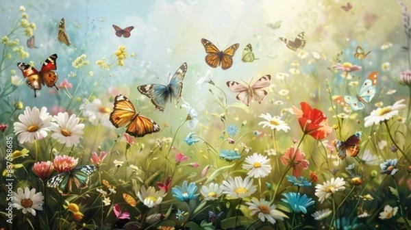 Fototapeta Butterflies in a Field of Flowers