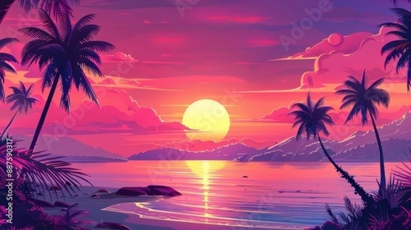 Fototapeta Tropical Sunset: Against the backdrop of palm trees, the tropical beach glows with shades of pink, orange, and purple as the sun sets, creating a serene and enchanting tropical sunset scene.

