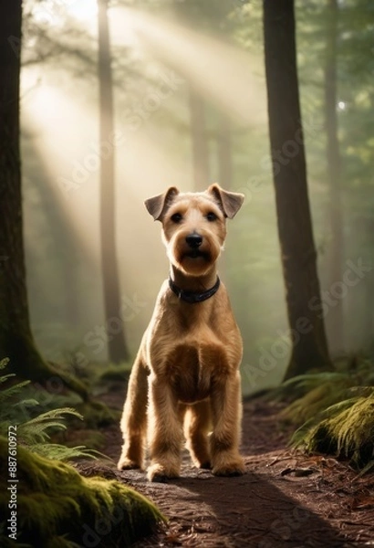 Fototapeta Lakeland Terrier standing alert in a dense foggy forest with towering trees shrouded in mist mysterious shadows and rays of sunlight breaking through